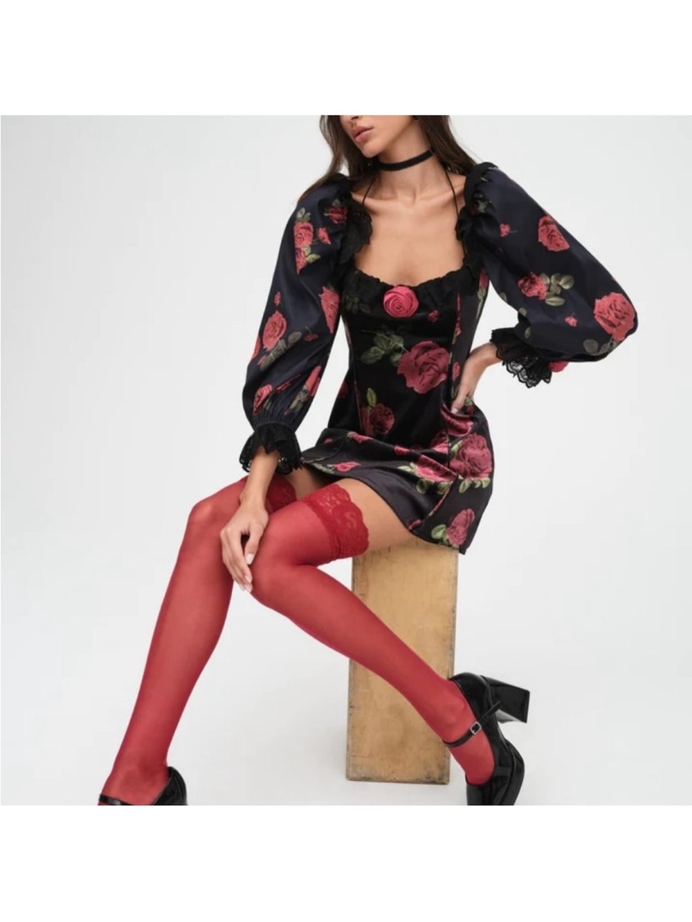 For Love And Lemons Black Floral Mini Dress with Red Rose Print